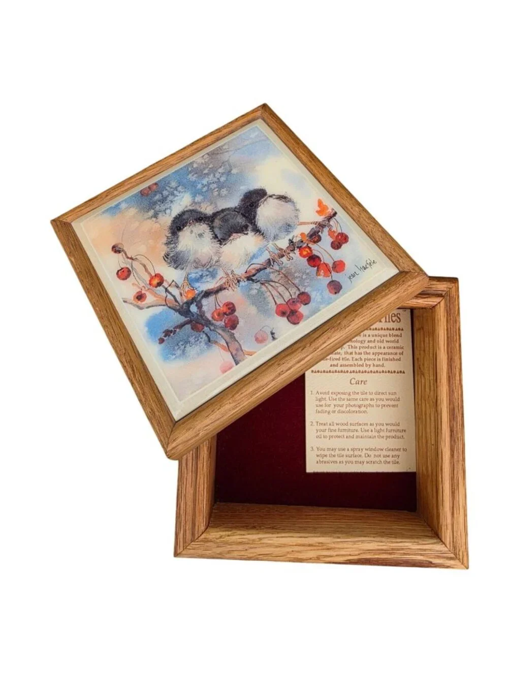 VTG Jean Haefele Signed Ceramic Art Tile Oak Trinket Box Chickadee Birds